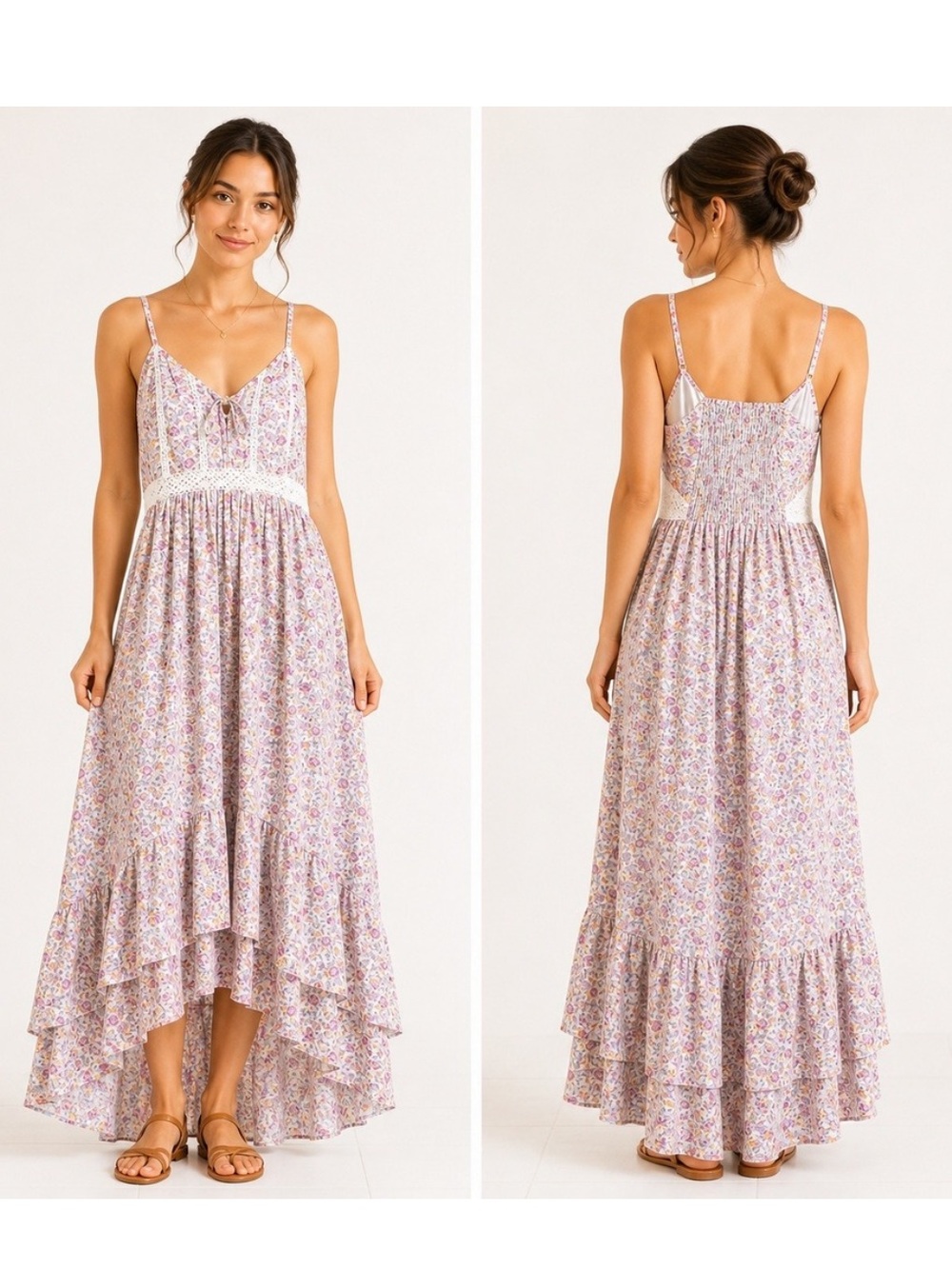 Japna Floral Lace-Trim High-Low Maxi Dress